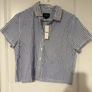 J. Crew White and Blue Striped Shirt with Pearl Details